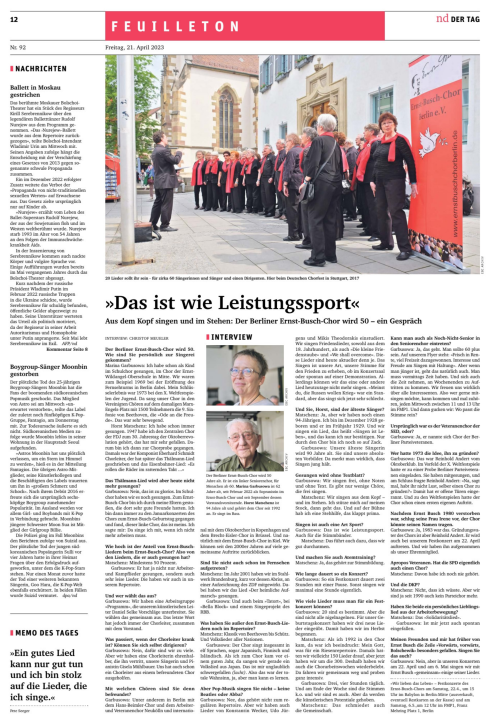 Am 21. April 2023 deuckt das 'nd' ein Interview mit Marina Garbusowa und Horst Matschenz 'Das ist wie Leistungssport'