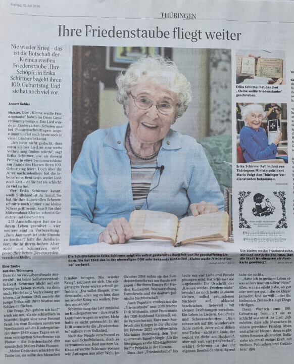 Zeitungsausschnitt aus Thüringer Allgemeine: 100. Geburtstag von Erika Schirmer 'Die Friedenstaube fliegt weiter'