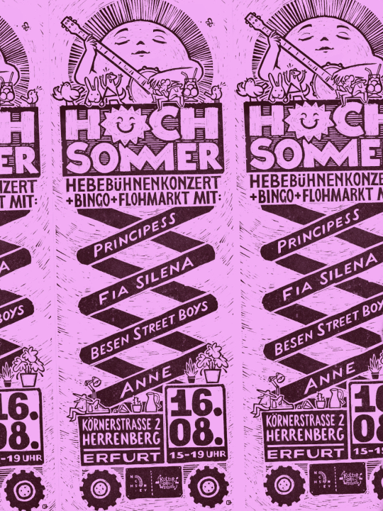 Veranstaltungsplakat: Eine Beschriftete Hebebühne mit den Veranstaltunginfos auf der eine Sonne mit Rasseln spielt. Kleine Flohmarktgegenstände sind auf der Hebebühne verteilt. Am unteren Rand sind die Logos vom nochson e.V. und vom Erfurt Kultursommer eingebaut.